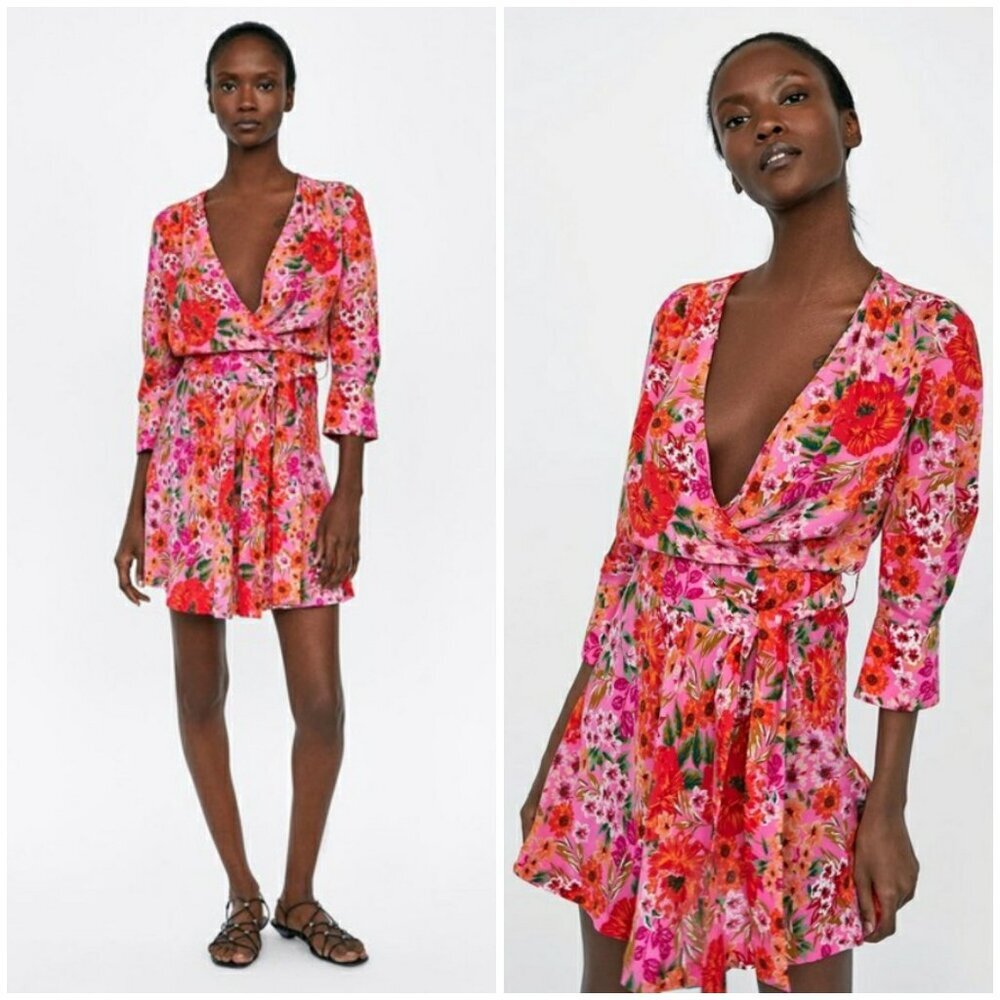 💕ZARA💕 V-Neck Mini Dress ~ Pink Floral Print XS